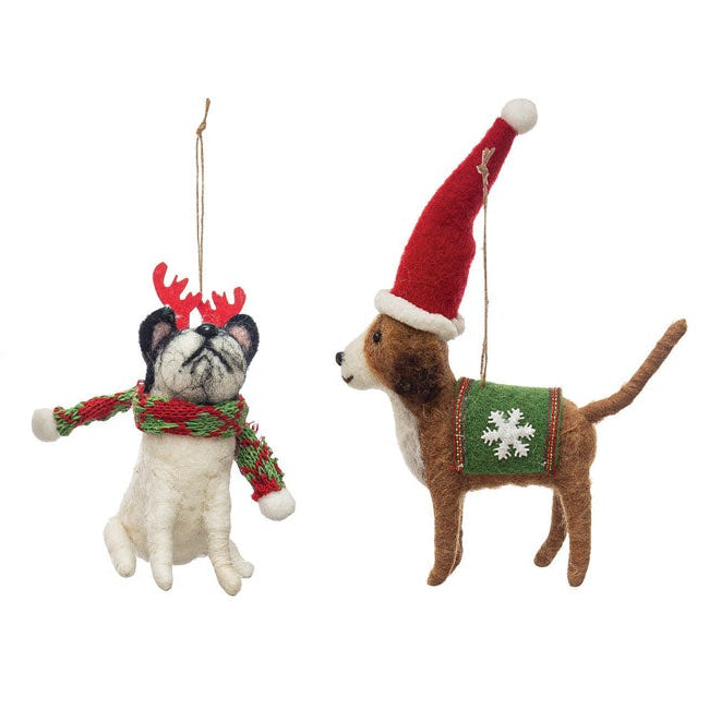 Set of 2 dog-shaped Christmas ornaments on a white background