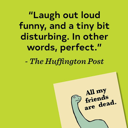 Cartoon dinosaur with humorous text on a green background