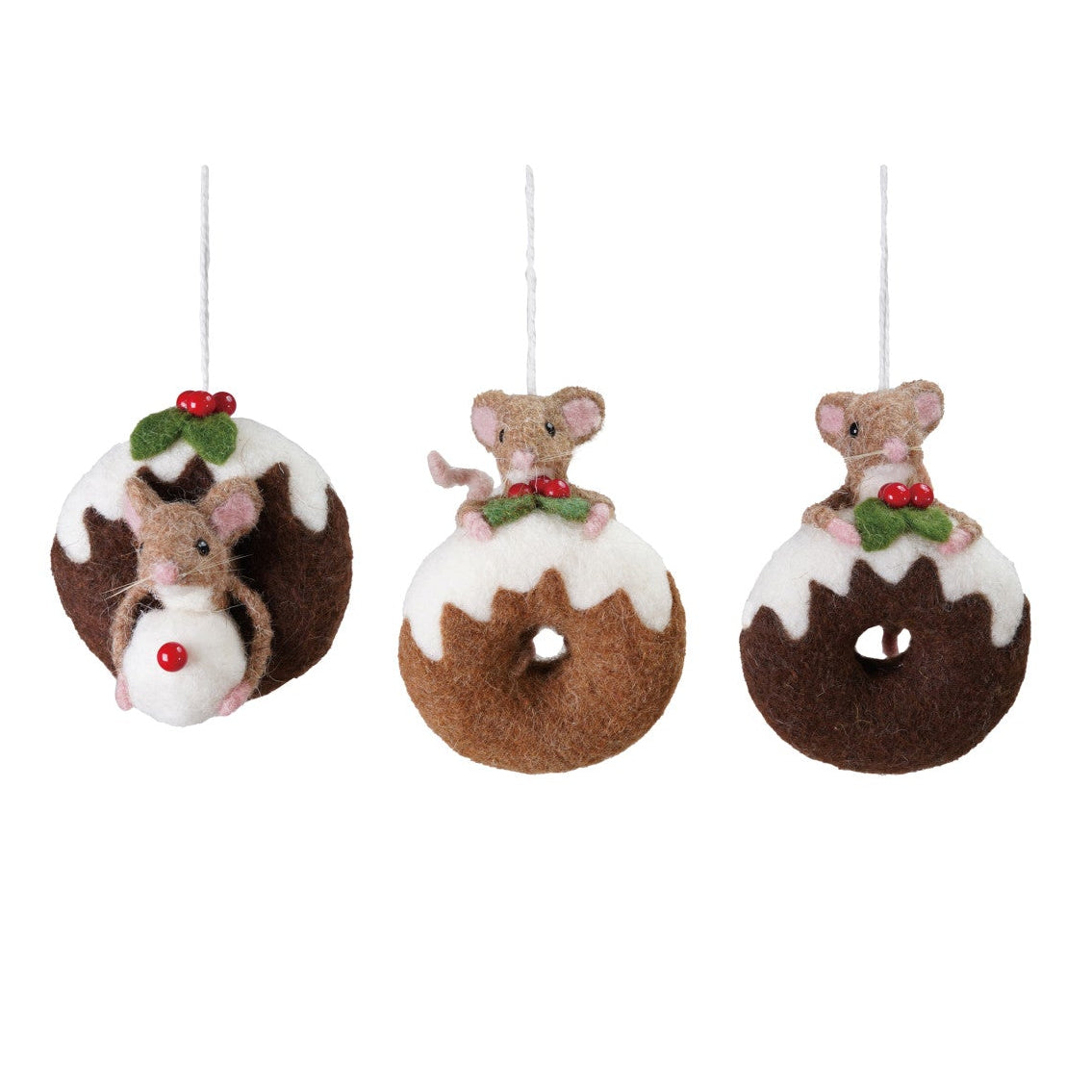 Three Christmas ornaments featuring mice on donuts and a pie against a white background