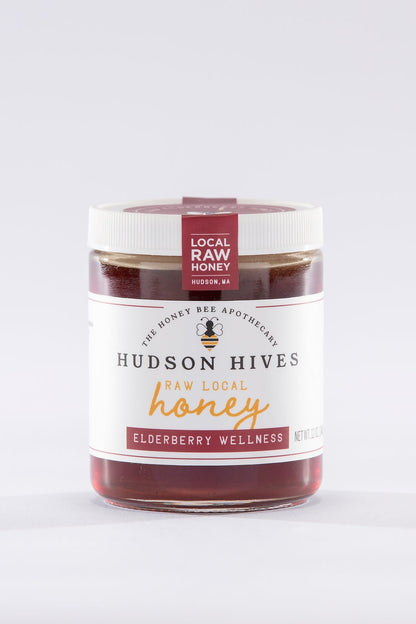 Jar of Hudson Hives raw local honey on a white background