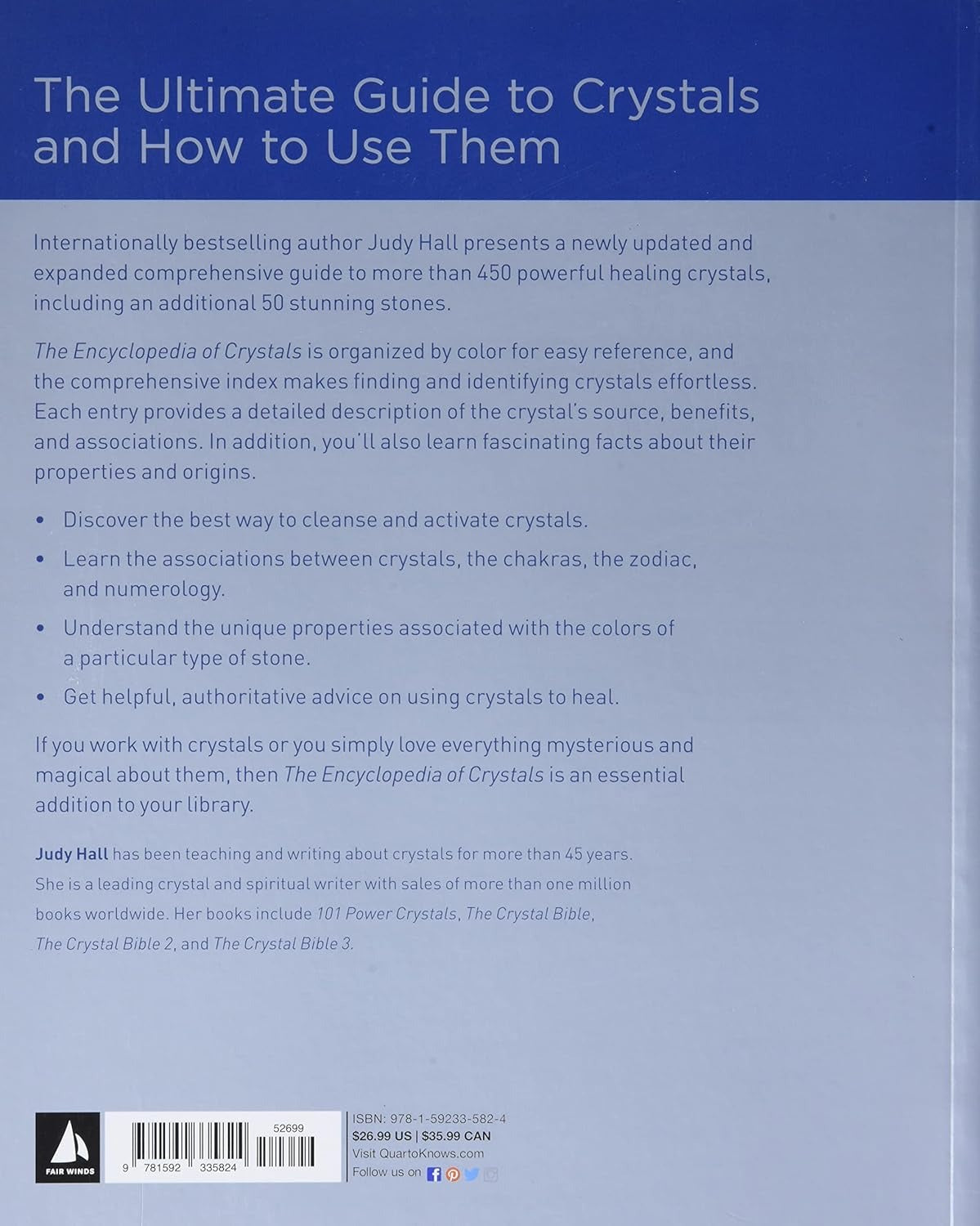 Back cover of a book titled 'The Encyclopedia of Crystals' with text and a bar code.