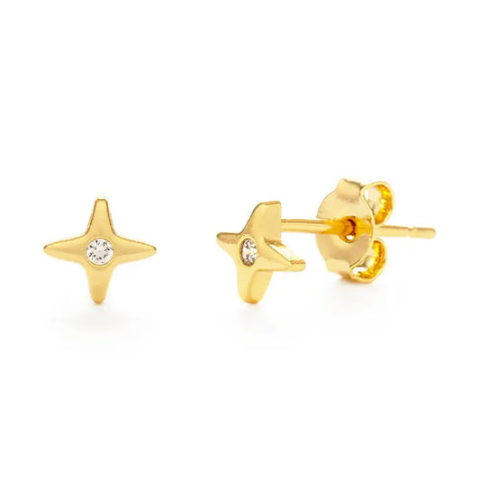 A pair of gold star-shaped stud earrings, one shown from the front with a small clear gemstone in the center and the other showing the side profile and post backing, set against a plain white background.