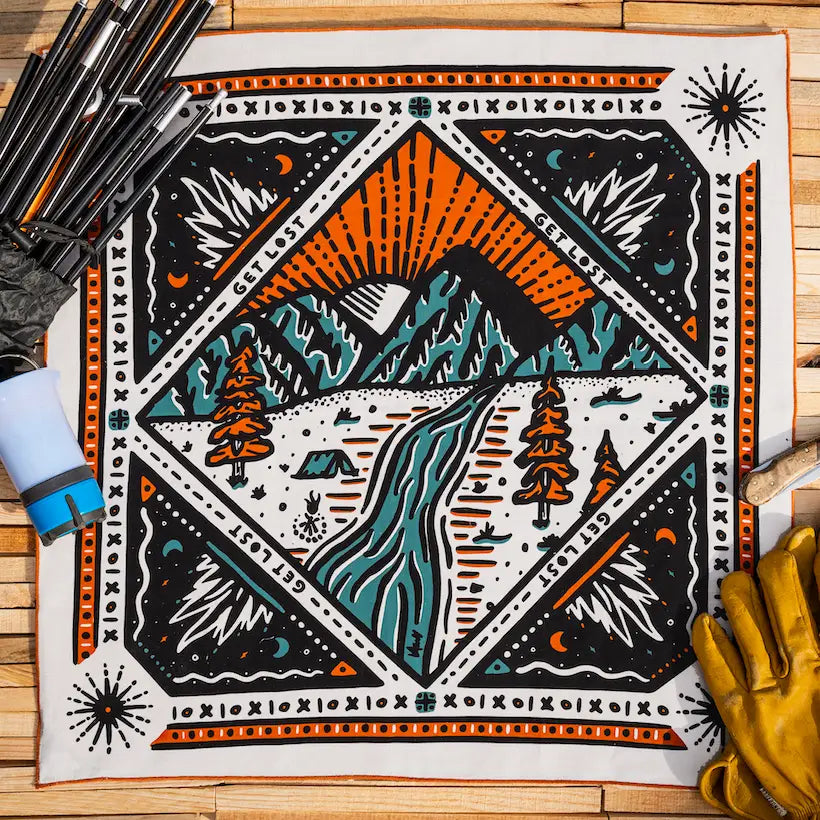 Decorative mat with mountain design on a wooden floor