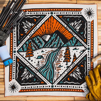Decorative mat with mountain design on a wooden floor