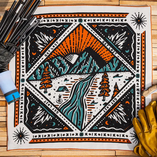 Decorative mat with mountain design on a wooden floor