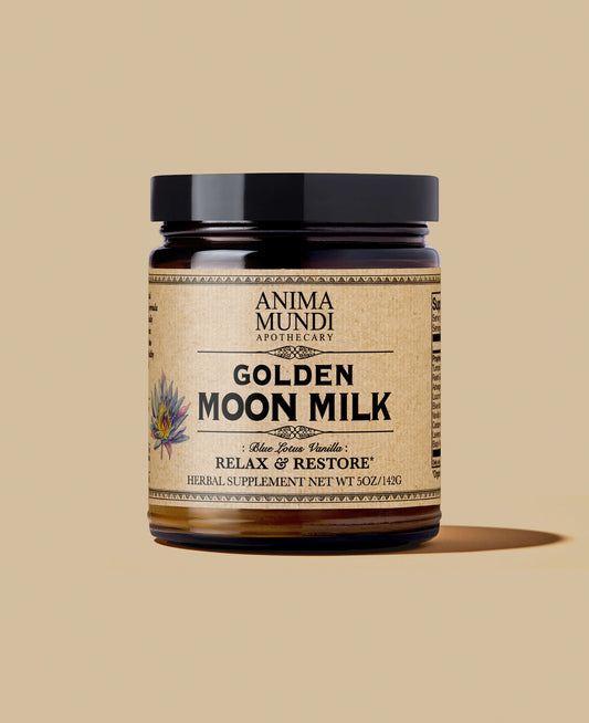 Jar of Anima Mundi Apothecary Golden Moon Milk on a beige background