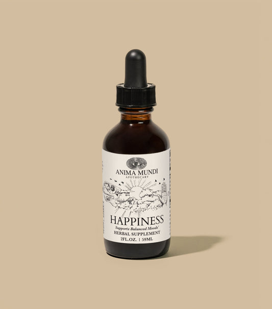 Bottle of Anima Mundi Happiness herbal supplement on a beige background