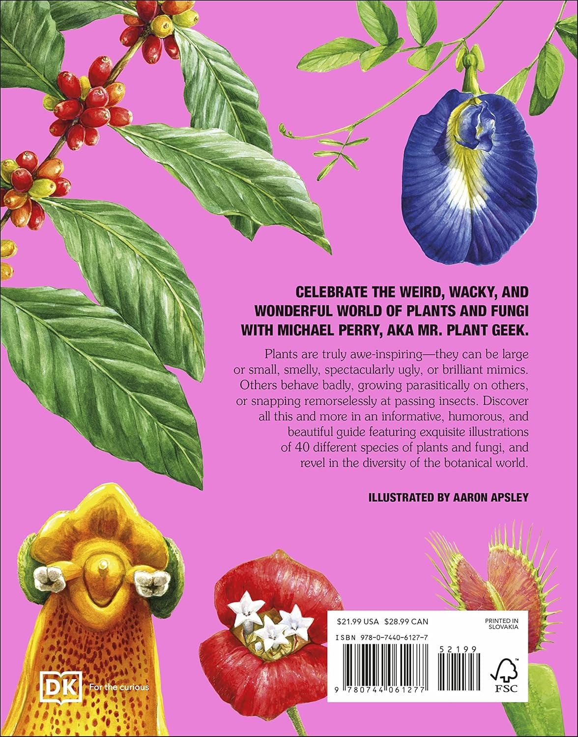 Book cover with colorful illustrations of plants and fungi on a pink background