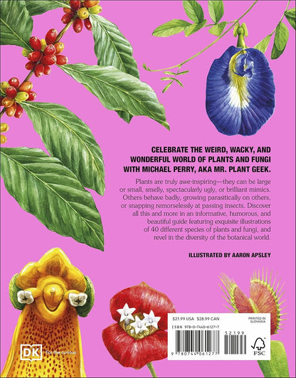 Book cover with colorful illustrations of plants and fungi on a pink background