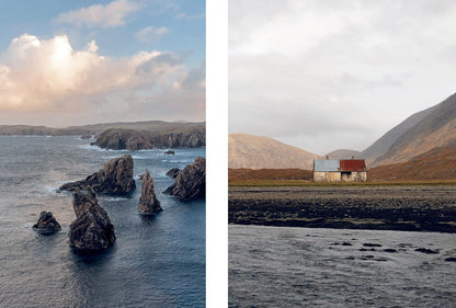 Two contrasting landscapes: rocky outcrops in water on the left, and a solitary house on a hillside on the right.