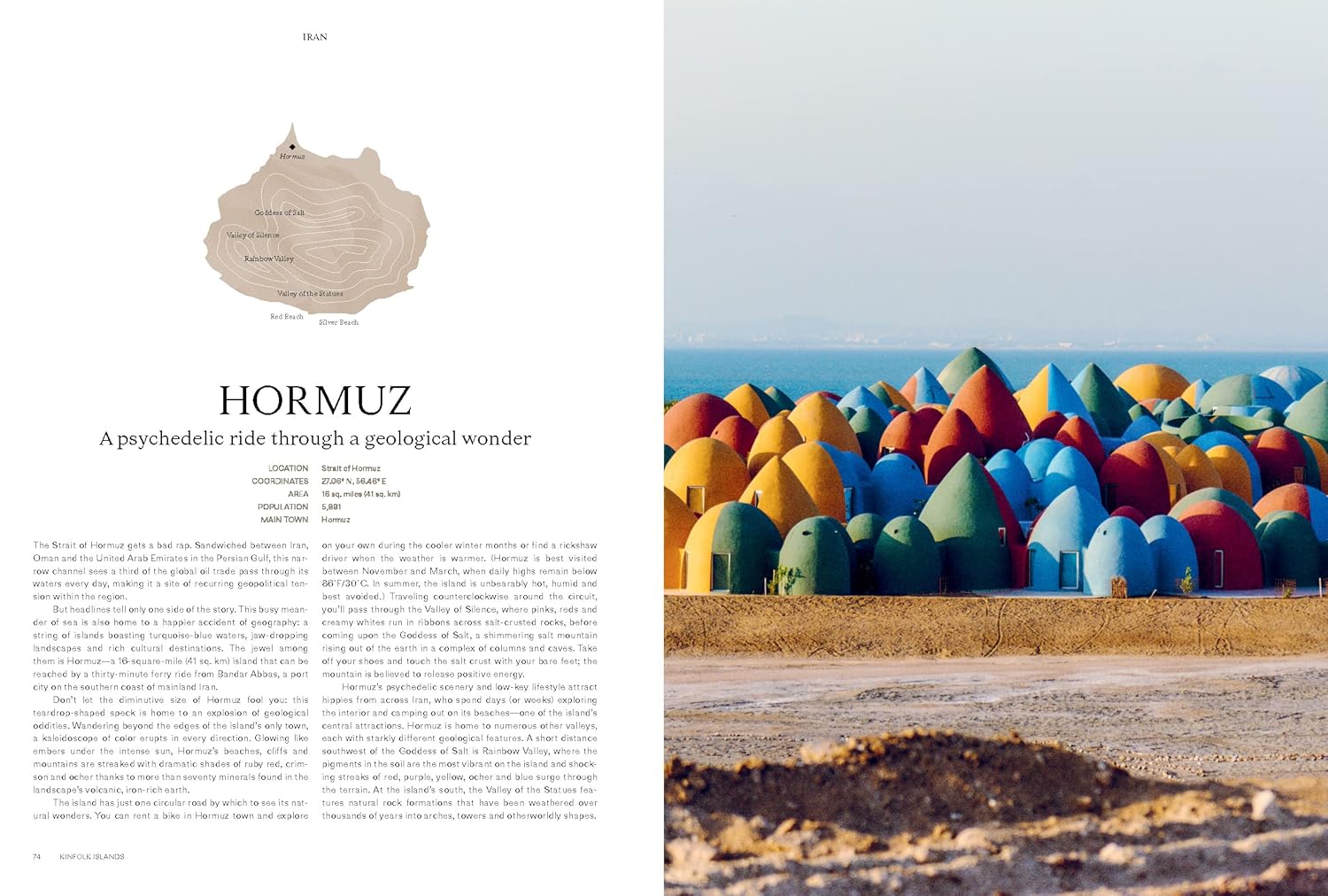 Magazine layout with text on the left and colorful architectural structures on the right, set against a clear sky.