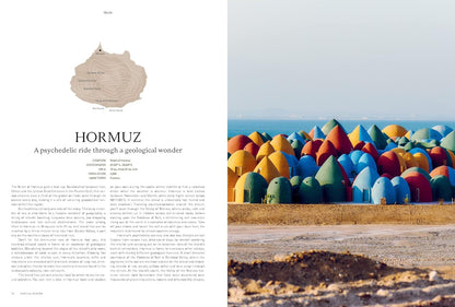 Magazine layout with text on the left and colorful architectural structures on the right, set against a clear sky.