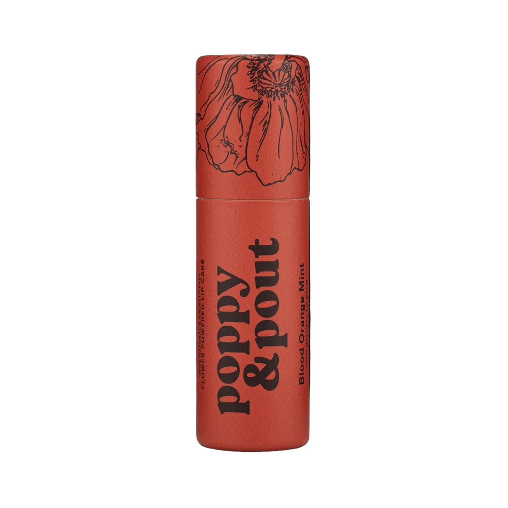 Lip balm tube with floral design and text 
