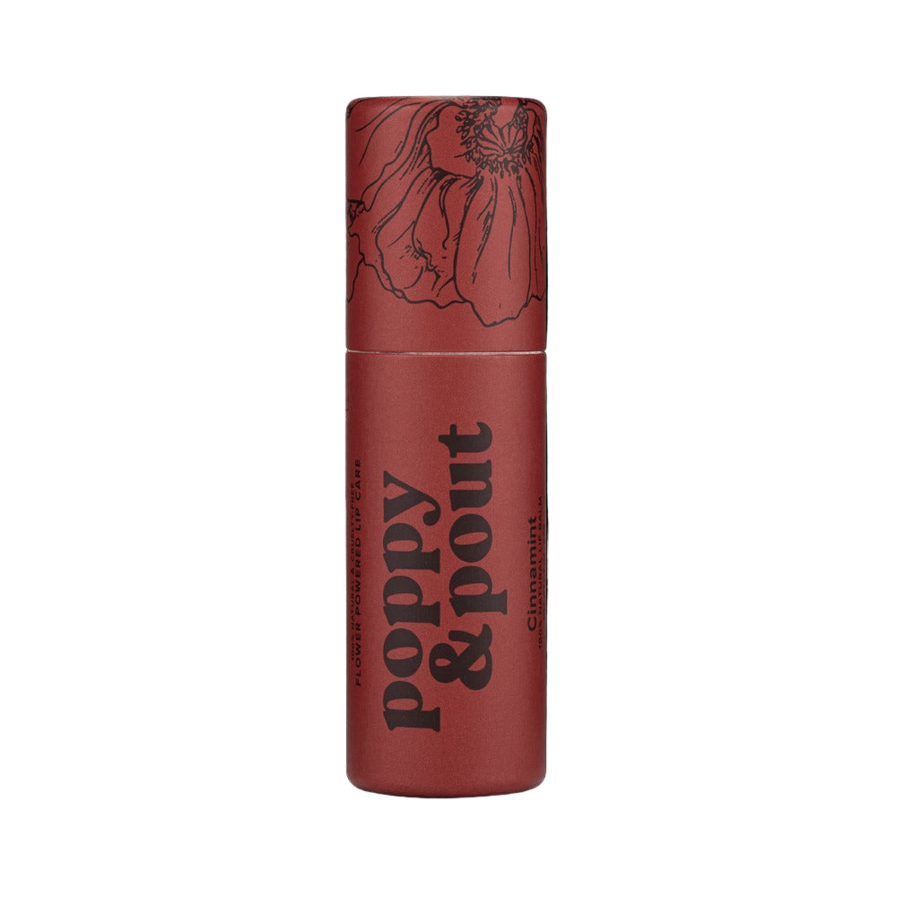Lip balm tube with floral design and 'Poppy & Pout' branding 