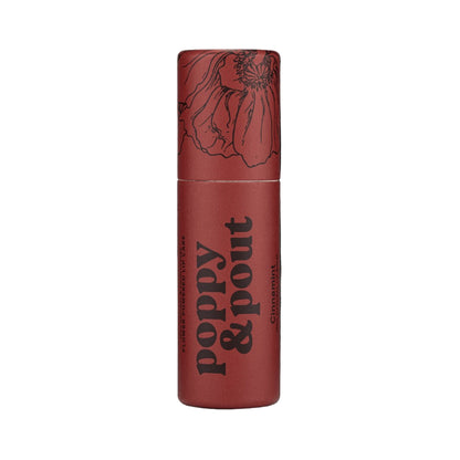 Lip balm tube with floral design and 'Poppy & Pout' branding 