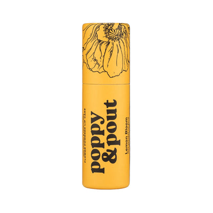 Yellow cylindrical container with floral design and text on a black background