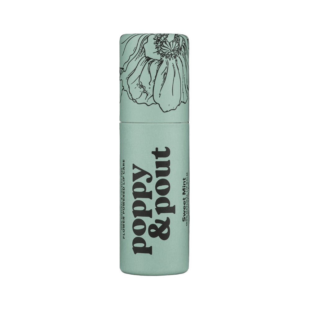 Mint green lip balm container with floral design and 'Poppy & Pout' branding