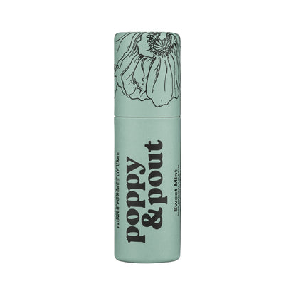 Mint green lip balm container with floral design and 'Poppy & Pout' branding