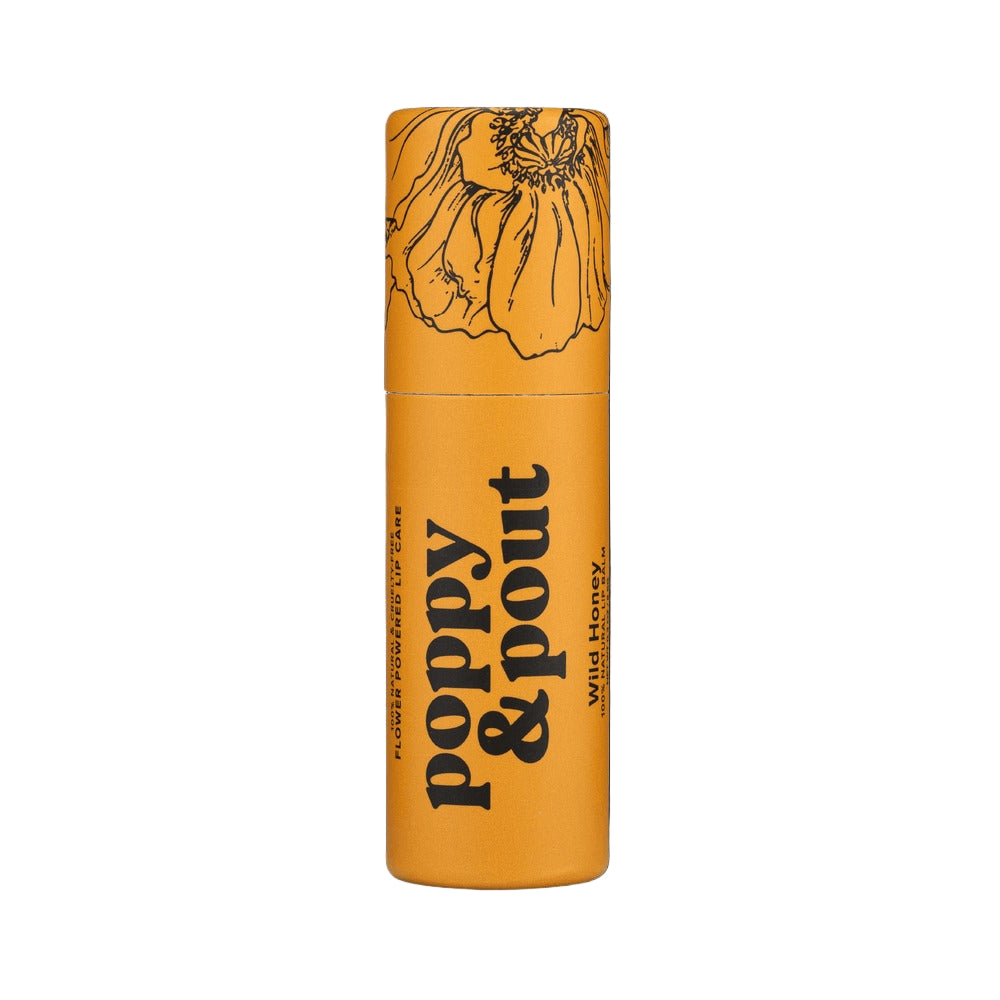 Orange lip balm with floral design and 'Poppy & Pout' branding 