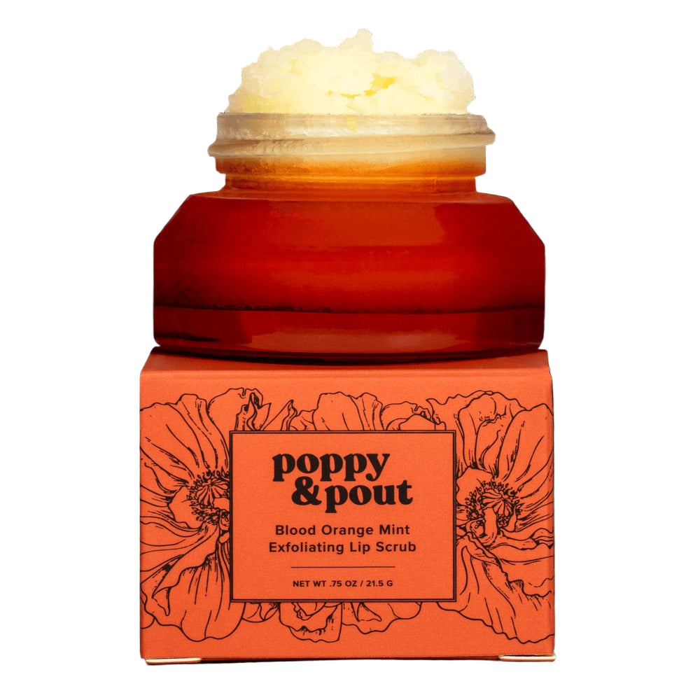 Poppy & Pout lip scrub jar with floral design on a black background