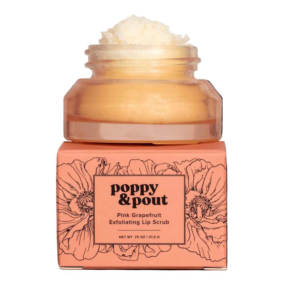Pink grapefruit exfoliating lip scrub jar with floral design and 'Poppy & Pout' branding on a black background.