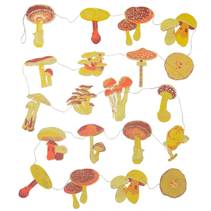 String of colorful mushroom-shaped garland cutouts on a white background