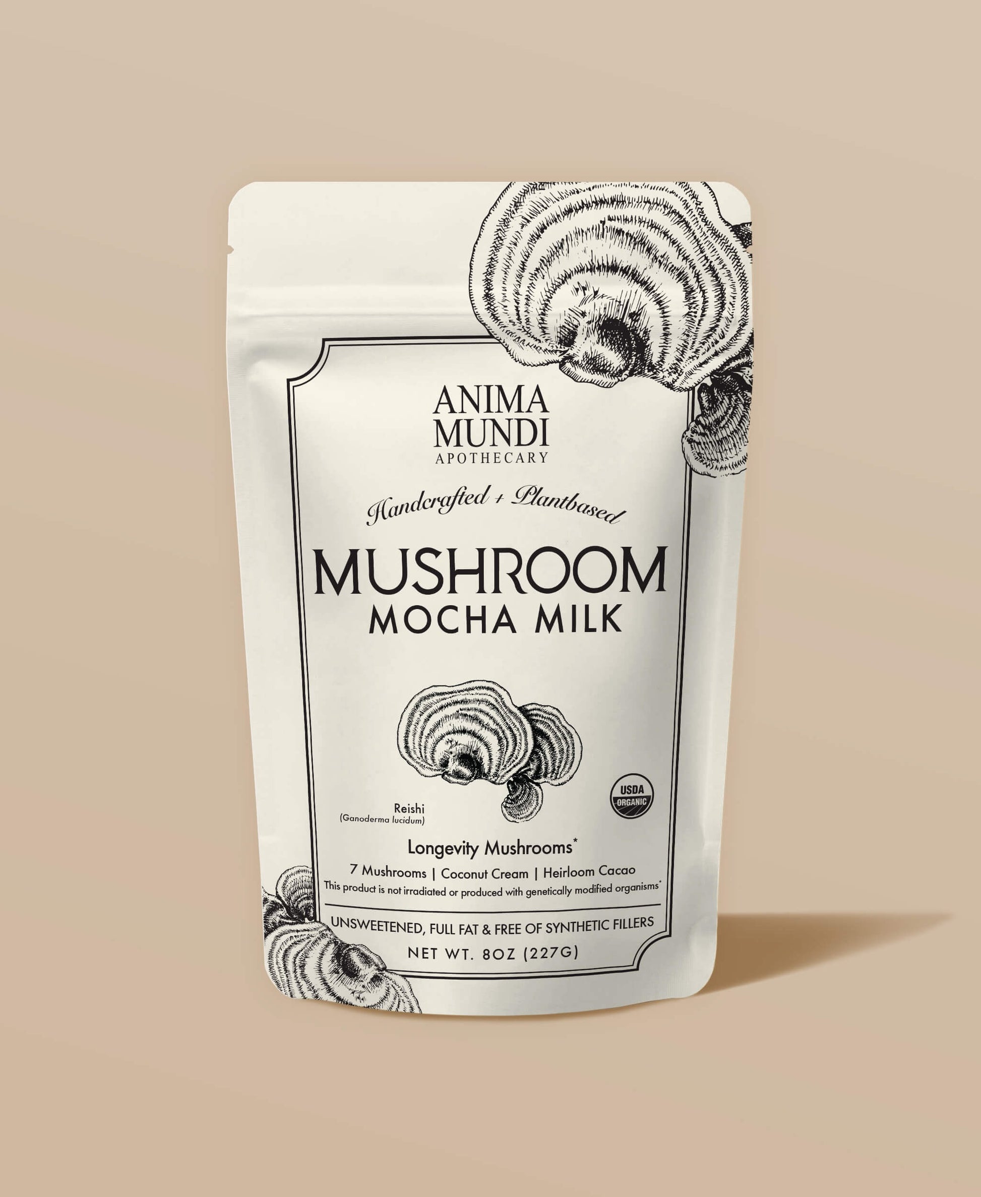 Packaging of Anima Mundi Mushroom Mocha Milk on a beige background