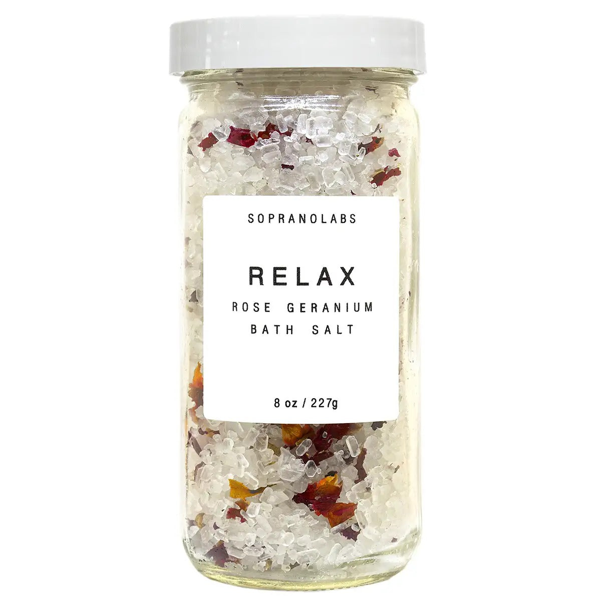 Jar of Sopranolabs Rose Geranium bath salt on a white background