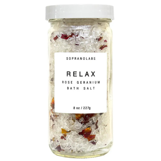 Jar of Sopranolabs Rose Geranium bath salt on a white background