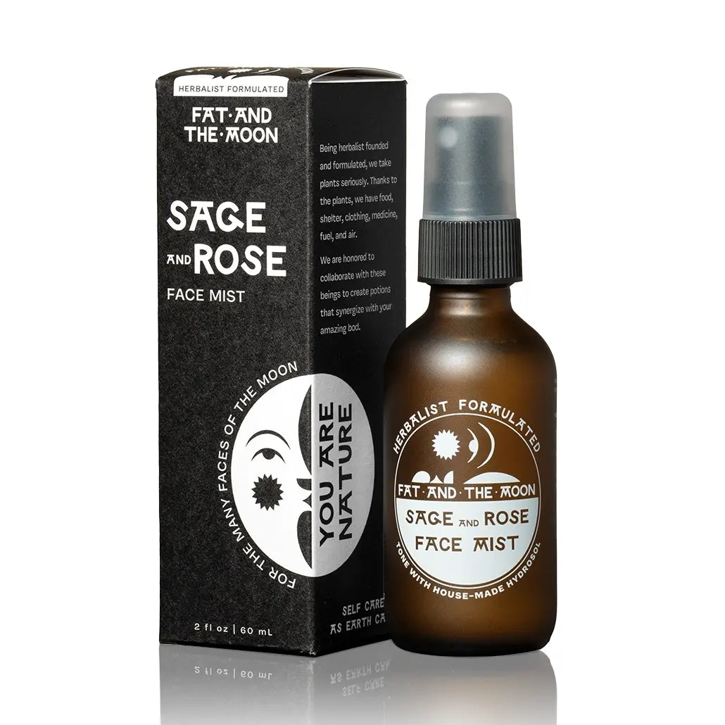 Sage and Rose face mist bottle and packaging on a white background
