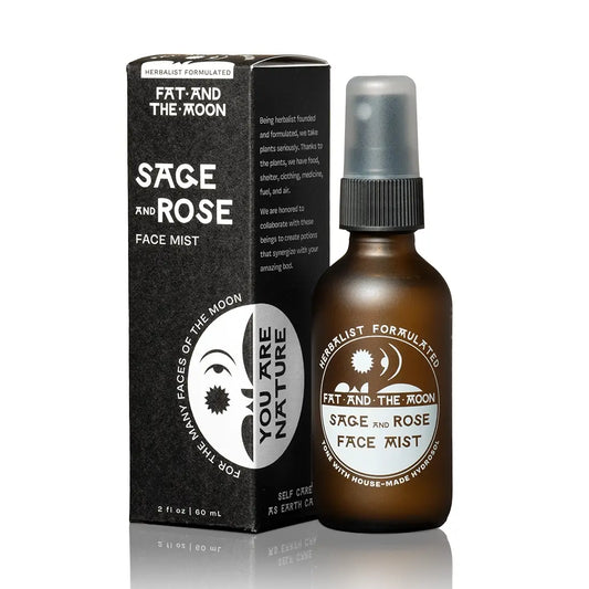Sage and Rose face mist bottle and packaging on a white background