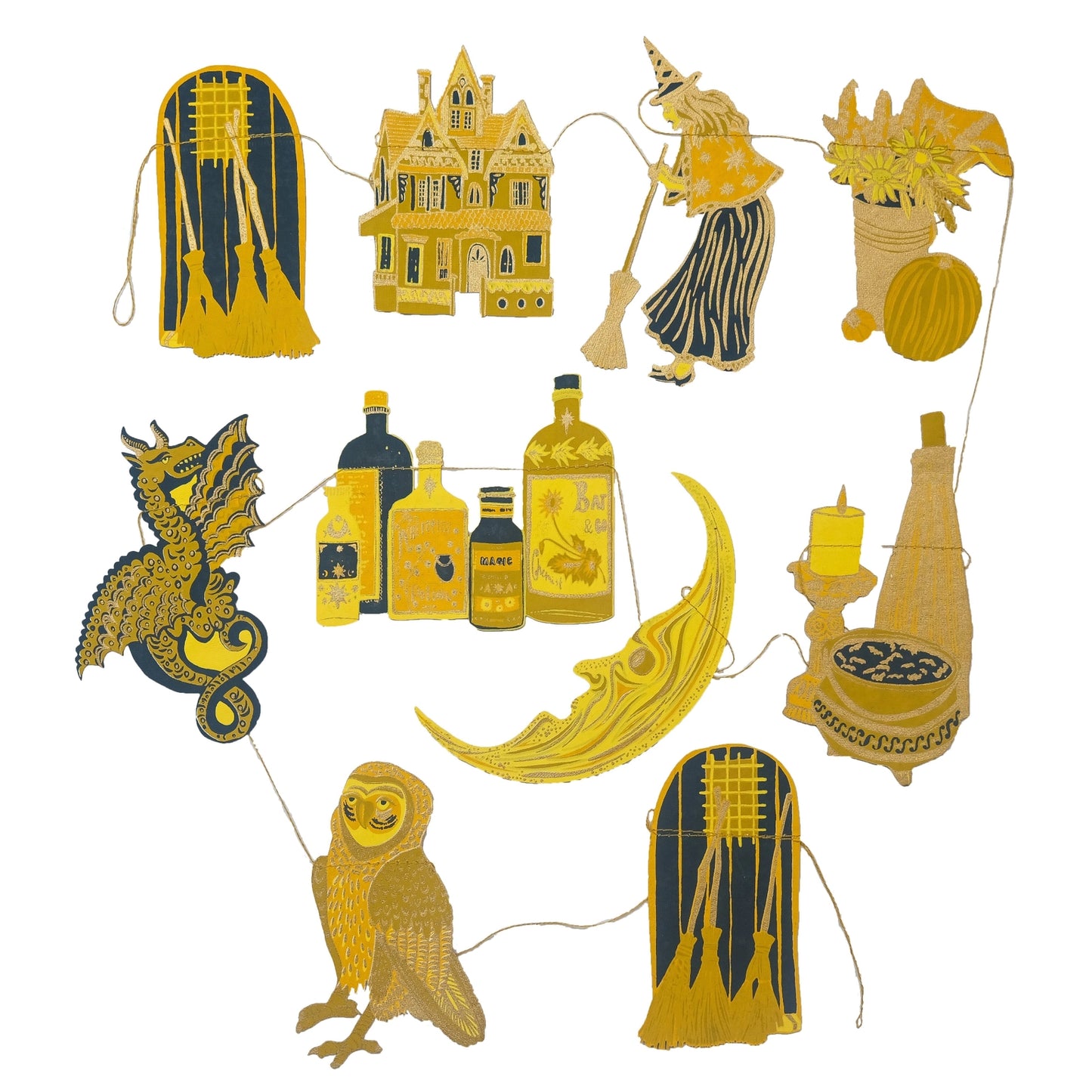 A collection of whimsical, hand-drawn style Halloween and autumn-themed cutout decorations in shades of mustard yellow, tan, and dark navy blue, connected by thin strings against a solid white background.