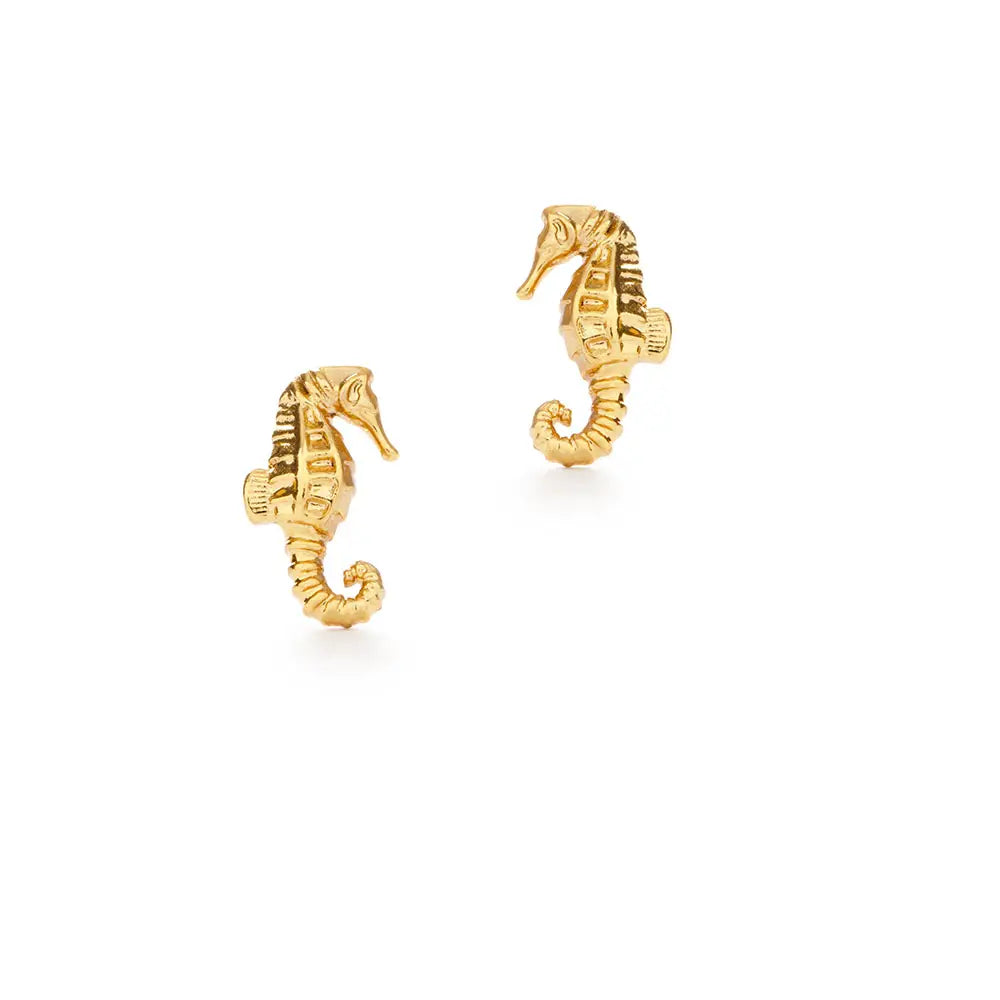 Gold seahorse earrings on a white background