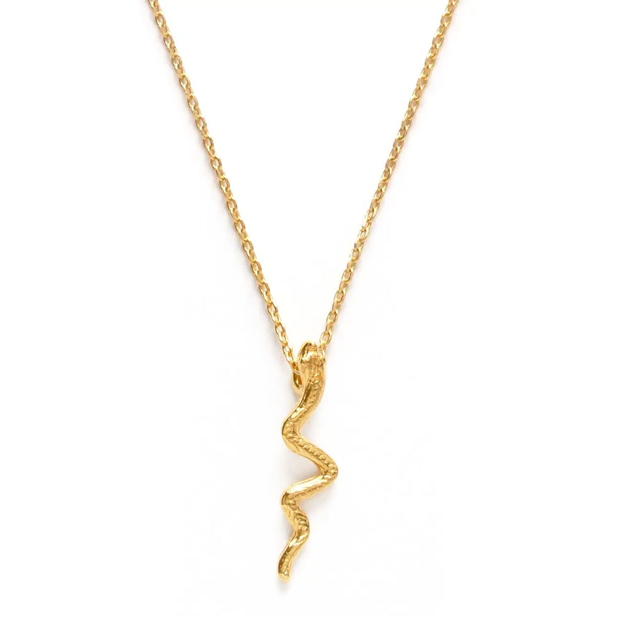 Gold necklace with a zigzag pendant on a white background