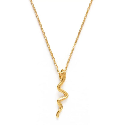 Gold necklace with a zigzag pendant on a white background