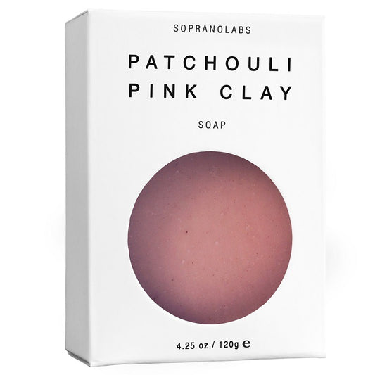 Box of Sopranolabs Patchouli Pink Clay Soap on a white background