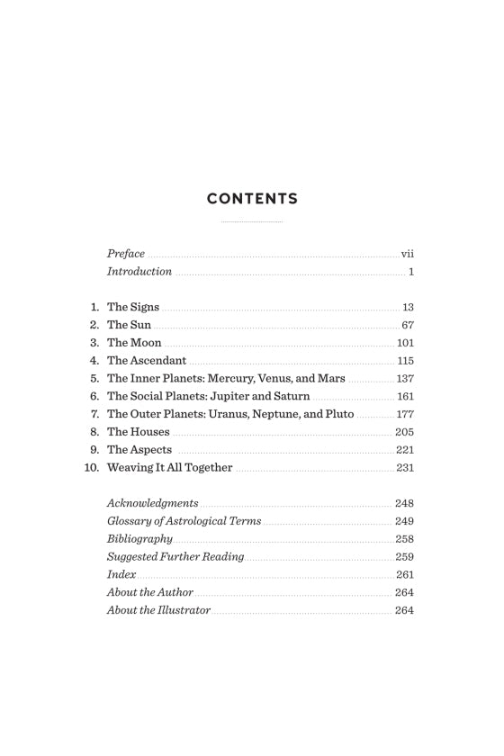 Table of contents for an astrological book on a white background