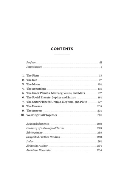 Table of contents for an astrological book on a white background