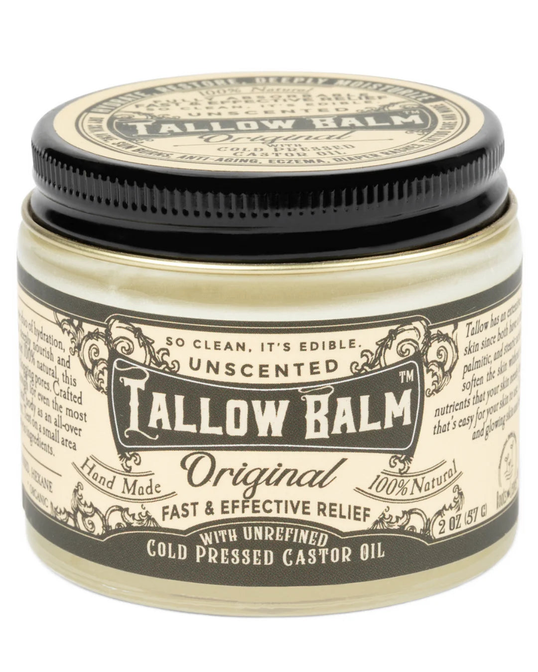 A jar of Tallow Balm Original Unscented hand mode balm with a black screw-on lid and cream-colored label, set against a plain white background.