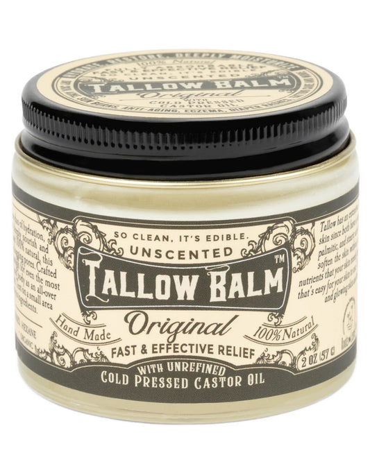 A jar of Tallow Balm Original Unscented hand mode balm with a black screw-on lid and cream-colored label, set against a plain white background.