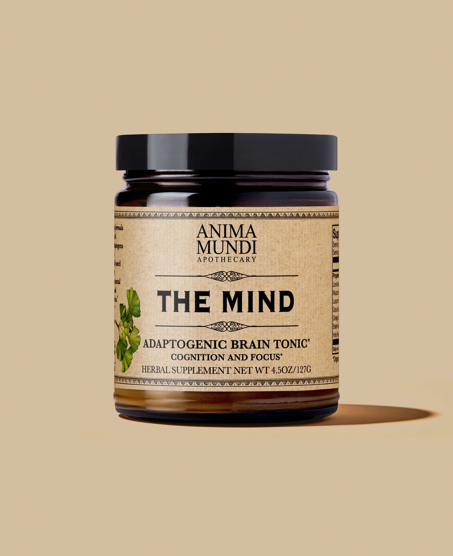 Jar of 'The Mind' adaptogenic brain tonic by Anima Mundi Apothecary on a beige background