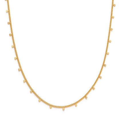 Gold necklace with small flat gold charms on a white background
